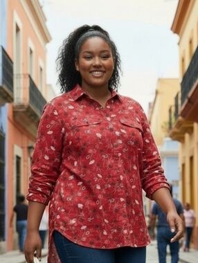 Lands End Womens Red Floral Button Up Top XL Sz 18 Career Casual Classic